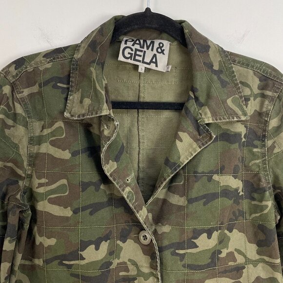 Pam & Gela Womens Small MilItary Green Camo Button Jacket Long Sleeve Raw Hem - Picture 2 of 9